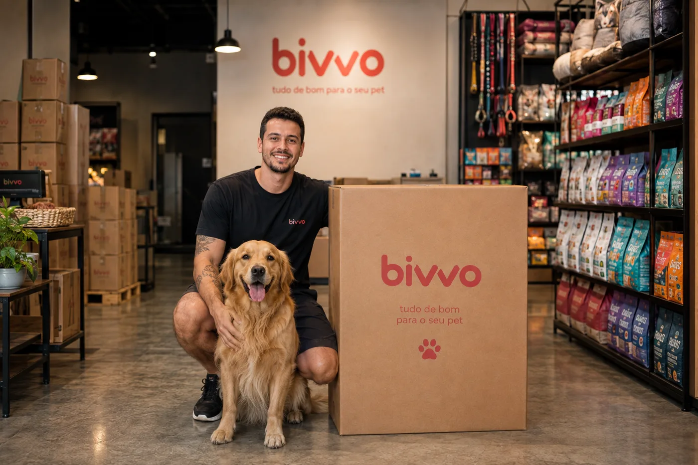 Equipe da Bivvo agachada com um golden retriever ao lado de uma caixa de envio da marca, dentro da loja, com o logo pintado na parede