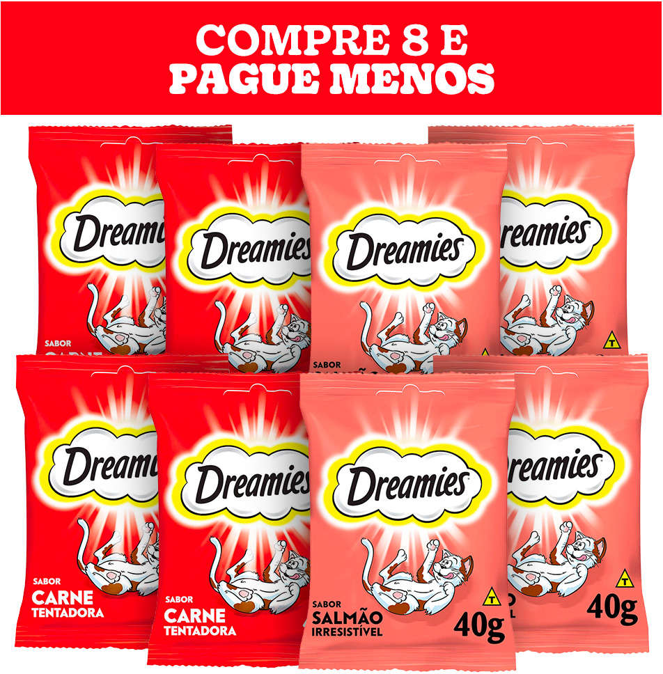 Kit Petisco Dreamies para Gatos Adultos 4 Carne e 4 Salmão - 8 Unidades