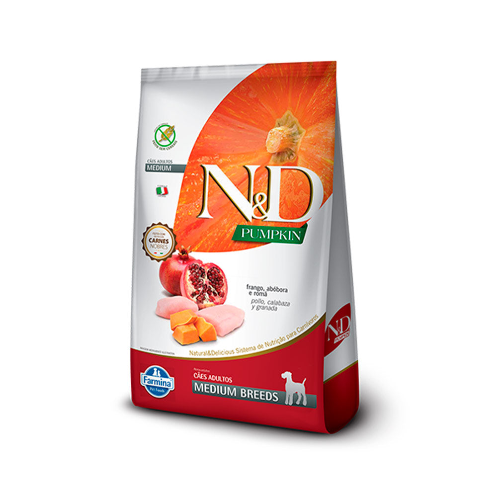 Ração N&D Pumpkin para Cães Adultos Raças Média sabor Frango, Abóbora e Romã
