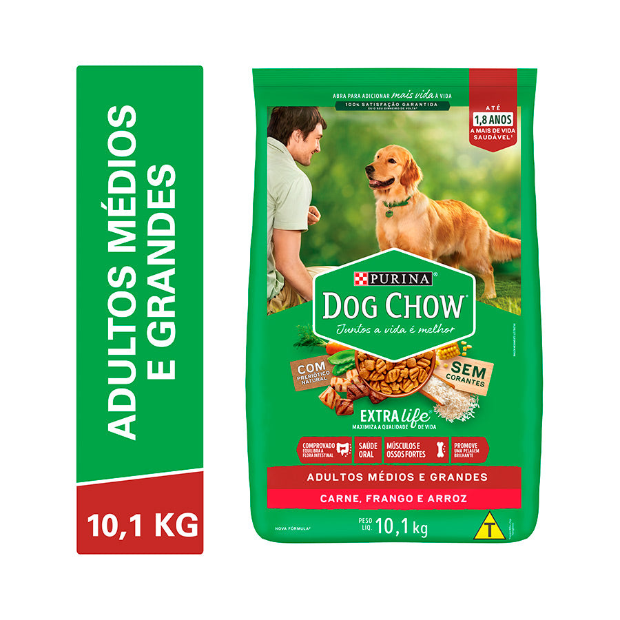 Ração Dog Chow para Cães Adultos de Porte Médio e Grande Sabor Carne, Frango e Arroz