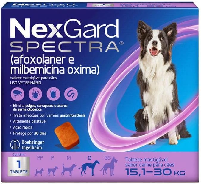 NexGard Spectra Antipulgas e Carrapatos e Vermífugo para Cães de 15,1 a 30kg - 1 tablete