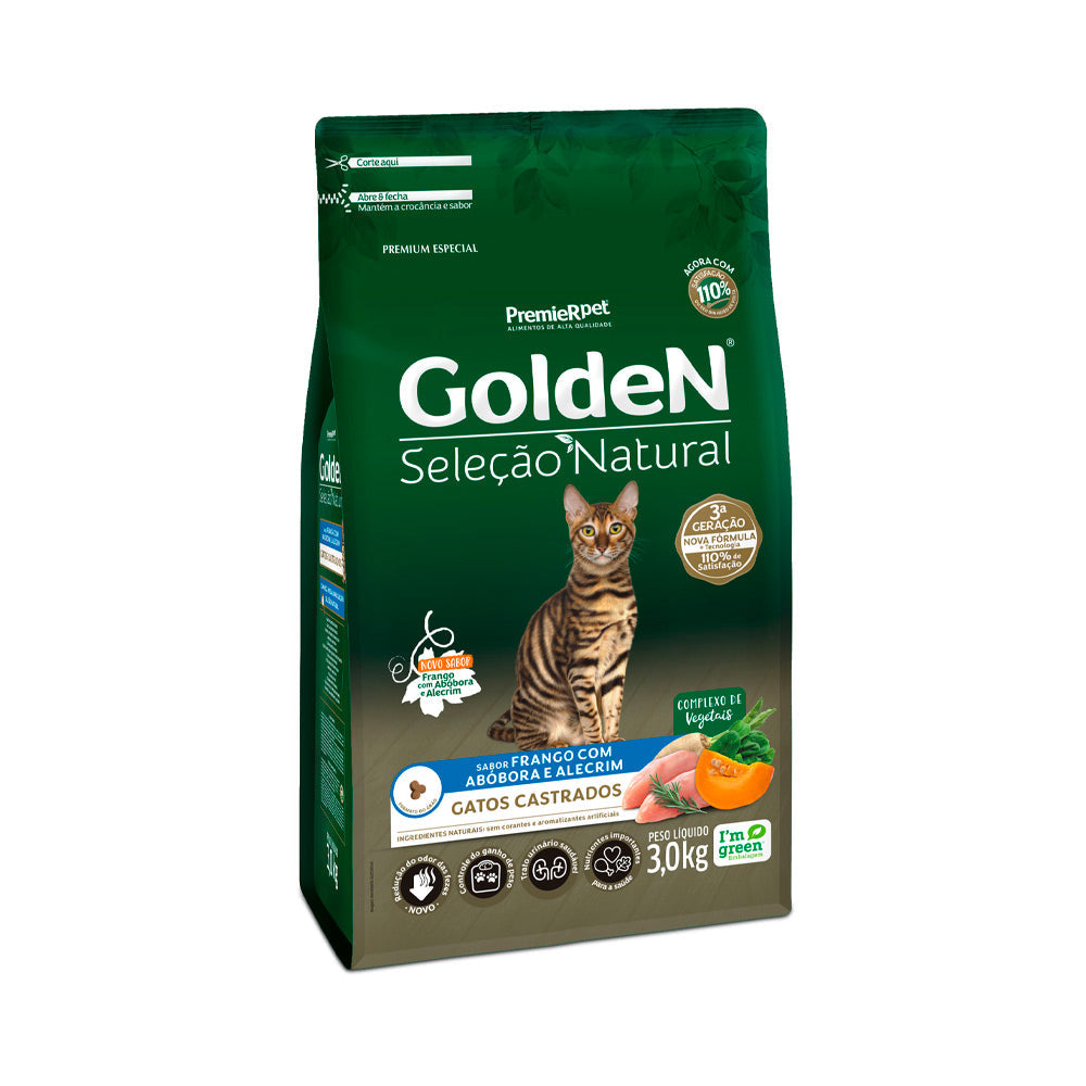 Ração Golden Seleção Natural para Gatos Adultos Castrados Sabor Frango com Abóbora e Alecrim