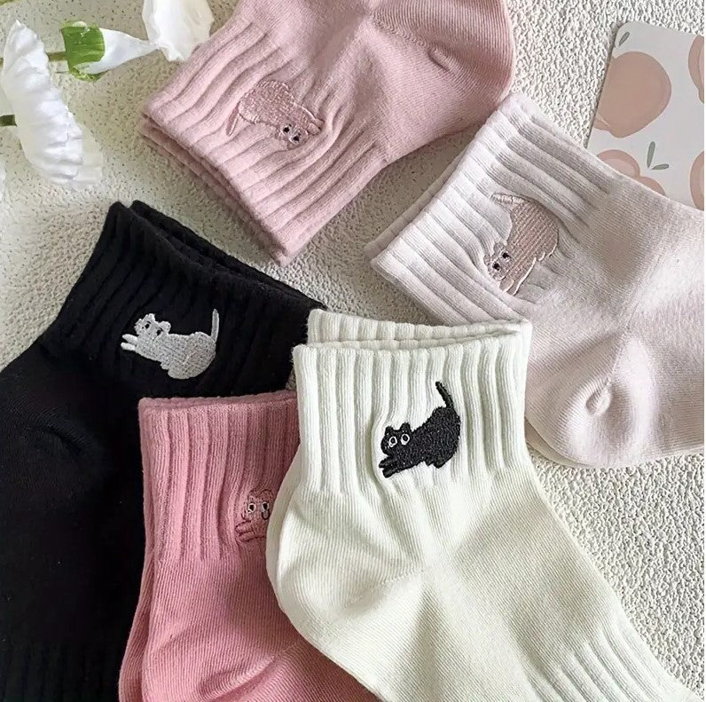 5 Pares de Meias de Bordado de Gato