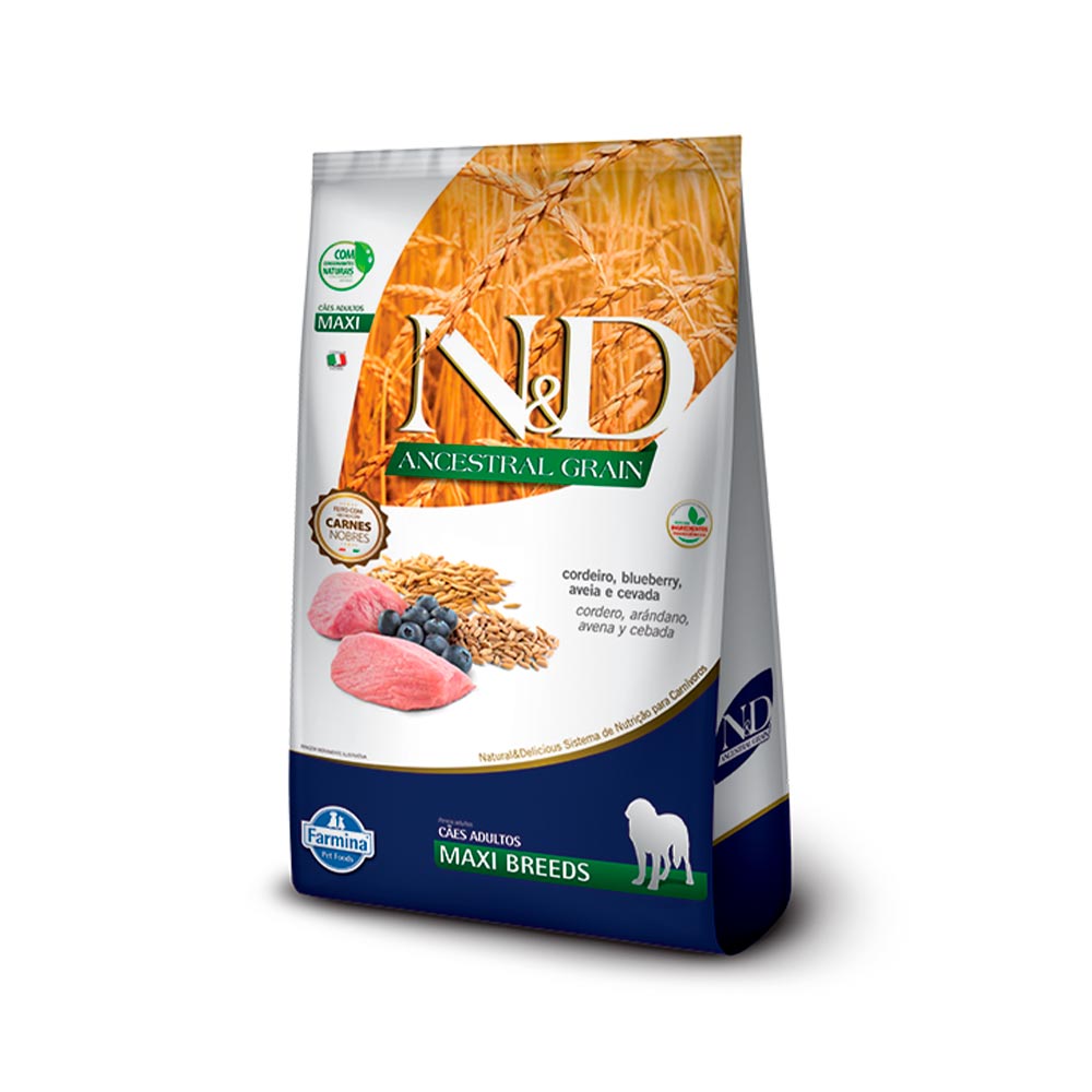 Ração Farmina N&D Ancestral Grain para Cães Adultos de Raças Grandes Sabor Cordeiro e Blueberry - 10,1kg
