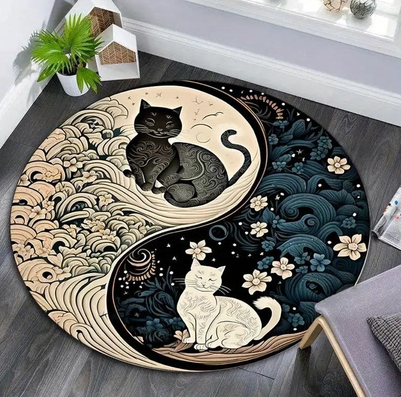Tapete Redondo com Design de Gato Yin Yang