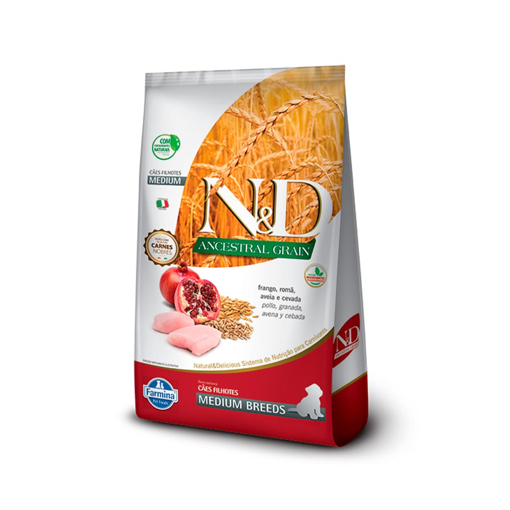 Ração Farmina N&D Ancestral Grain para Cães Filhotes de Raças Médias Sabor Frango e Romã