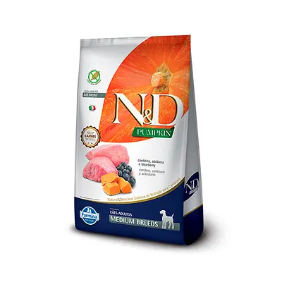 Ração N&D Pumpkin para Cães Adultos Raças Média sabor Cordeiro, Abóbora e Blueberry