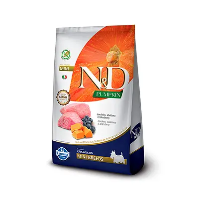 Ração N&D Pumpkin para Cães Adultos Raças Mini sabor Cordeiro, Abóbora e Blueberry