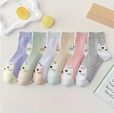 Conjunto de 6 Meias de Cano Médio com Rosto de Gato