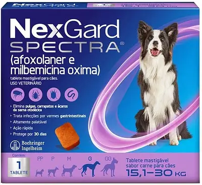 NexGard Spectra Antipulgas e Carrapatos e Vermífugo para Cães de 15,1 a 30kg - 1 tablete