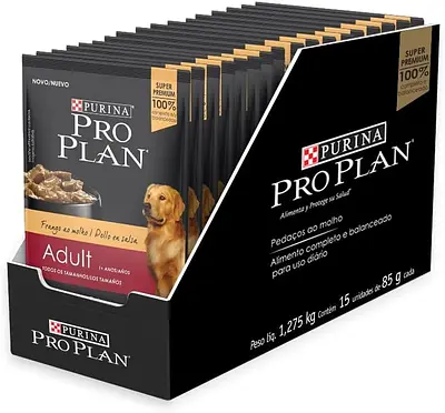 Pack de Ração Úmida Cães Adultos PRO PLAN Frango - Com 15 Sachês 100g