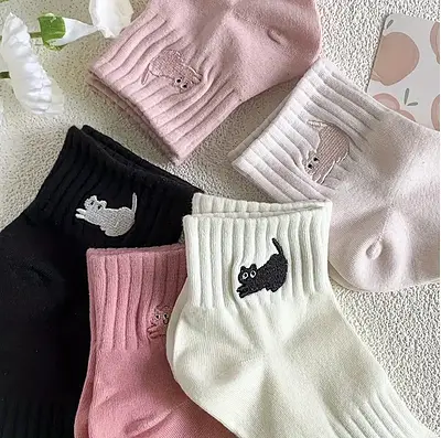5 Pares de Meias de Bordado de Gato