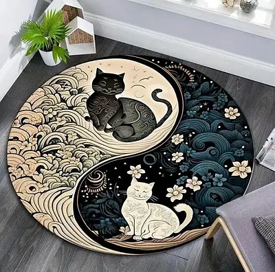 Tapete Redondo com Design de Gato Yin Yang