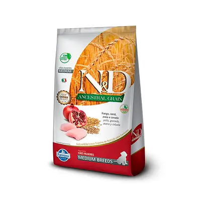 Ração Farmina N&D Ancestral Grain para Cães Filhotes de Raças Médias Sabor Frango e Romã