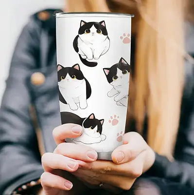 Caneca Térmica de Aço Inoxidável  de 300Ml com Tampa - Design Fofo  Gato