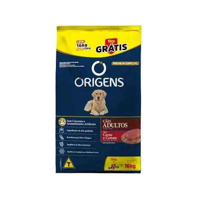 Ração Origens para Cães Adultos Sabor Carne e Cereais Bônus Bag 16kg