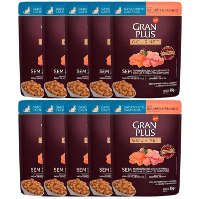Kit 10 Rações Úmidas Gran Plus Sachê Gatos Gourmet Castrados Salmão e Frango 85g