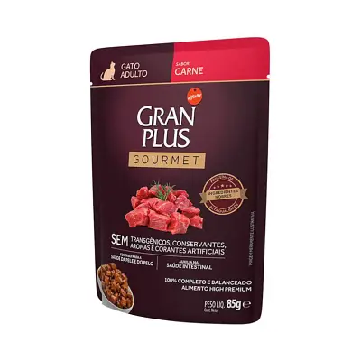 KIT 10 Rações Úmidas Gran Plus Gourmet Gatos Adultos Carne Sachê 85g