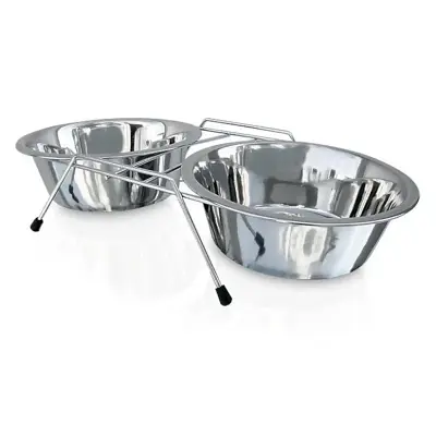 Comedouro e Bebedouro Duplo Em Inox Suporte Suspenso para Pets 350ml