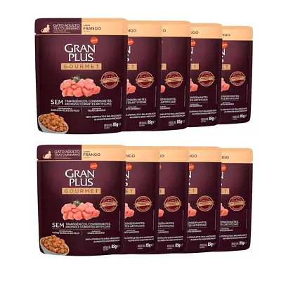 KIT 10 Rações Úmidas Gran Plus Sachê Gatos Gourmet Trato Urinário Frango 85g