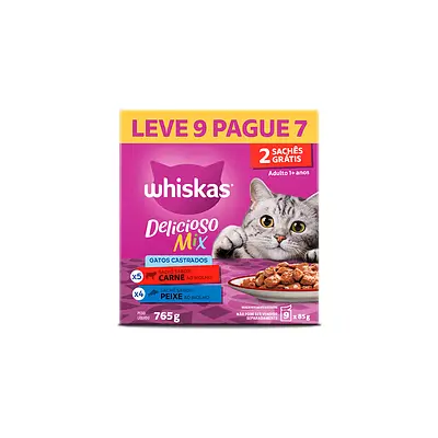 Ração Úmida Whiskas Sabor Carne e Peixe para Gatos Adultos Castrados Pack Leve 9 Pague 7
