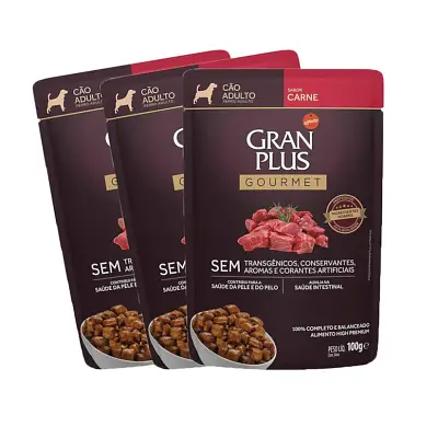 Ração Úmida Gran Plus Gourmet Cães Adultos Carne Sachê 100g com 3 Unidades