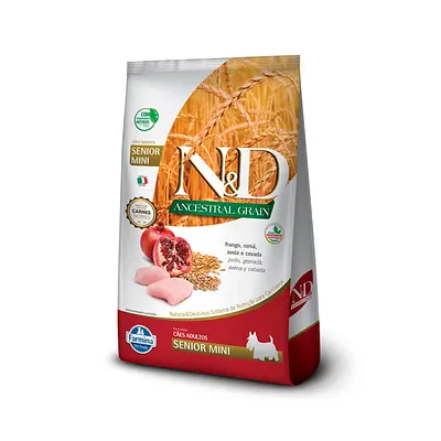 Ração Farmina N&D Ancestral Grain para Cães Sênior de porte Mini sabor Frango e Romã