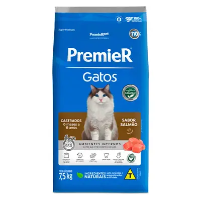 Ração Premier Gatos 6 Meses a 6 Anos Castrados Ambientes Internos Salmão 7,5kg