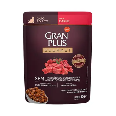 Ração Úmida Gran Plus Gourmet Gatos Adultos Carne Sachê 85g