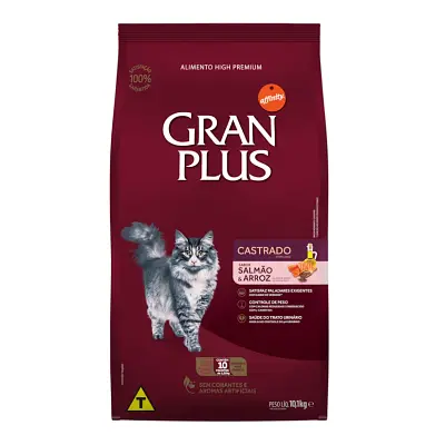 Ração Gran Plus Gatos Adultos Castrados Salmão e Arroz 10,1kg Pacotes Individuais de 1kg