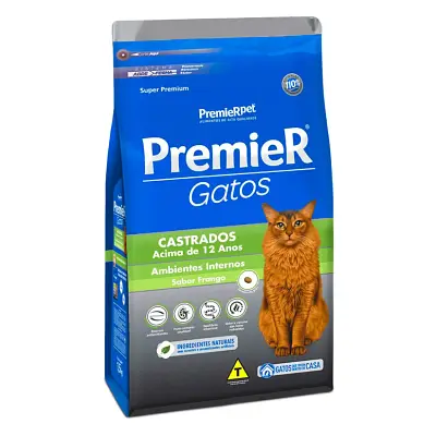 Ração Premier Gatos Castrados Acima 12 Anos Ambientes Internos Frango 500g