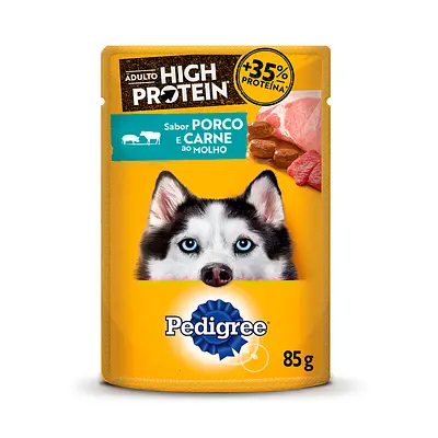 Ração Úmida Pedigree Sachê High Protein Cães Adultos Porco e Carne Ao Molho 85 g