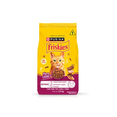 Ração Friskies Mix de Carne para Gatos Adultos Castrados Sabor Carne, Peru, Fígado e Frango