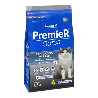 Ração Premier Gatos Castrados Até 7 Anos Ambientes Internos Frango 500g