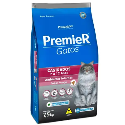 Ração Premier Gatos Castrados 7 a 12 Anos Ambientes Internos Frango 7,5kg