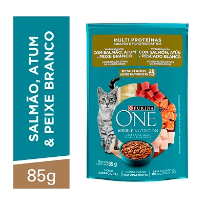 Ração Úmida Purina One Multi Proteínas para Gatos Adultos e Filhotes Sabor Salmão, Atum e Peixe Branco 85 g