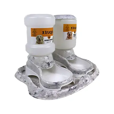 Kit Comedouro e Bebedouro Automático Truqys Pet Plástico Mármore Carrara Cinza para Cães e Gatos