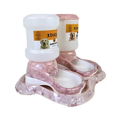 Kit Comedouro e Bebedouro Automático Truqys Pet Plástico Mármore Carrara Rosé para Cães e Gatos