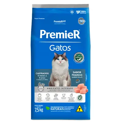 Ração Premier Gatos Castrados 6 Meses a 6 Anos Ambientes Internos Frango 7,5kg