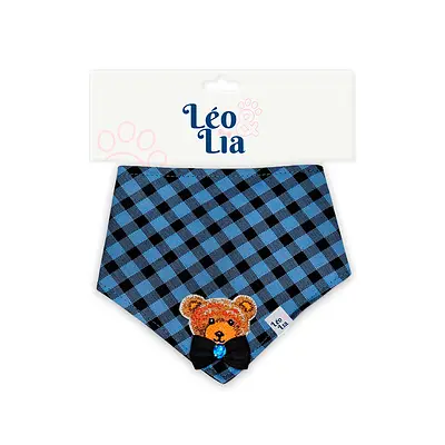 Bandana Leo e Lia Bordado Xadrez Azul para Cães e Gatos