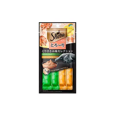 Petisco Sheba Cremoso Sabores Frango e Frango & Peixe Branco Gatos Adultos 4 Unidades