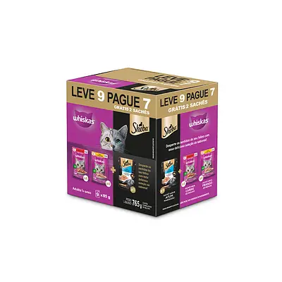 Ração Úmida Whiskas Sabor Carne e Frango + Sheba Atum para Gatos Adultos Pack Leve 9 Pague 7