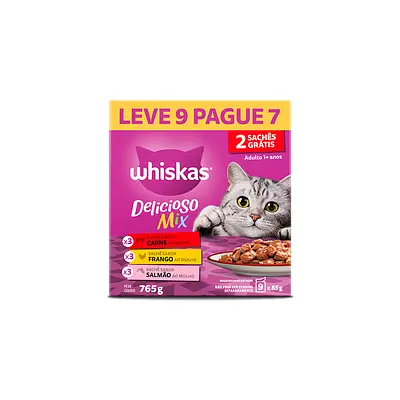 Ração Úmida Whiskas Sabor Carne, Frango e Salmão para Gatos Adultos Pack Leve 9 Pague 7