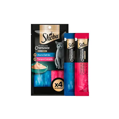 Petisco Sheba Cremoso Atum e Salmão & Frango e Camarão para Gatos Adultos com 4 Unidades
