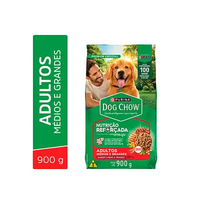 Ração Dog Chow Nutrição Reforçada para Cães Adultos de Médio e Grande Porte Sabor Carne, Frango e Arroz 900 g