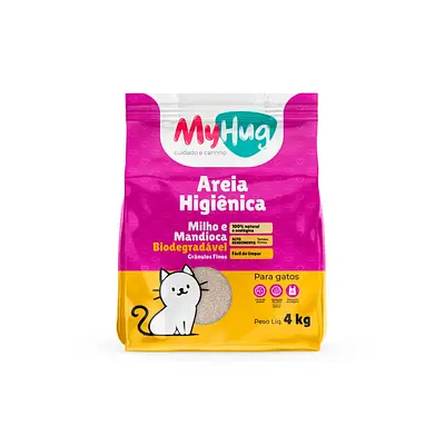 Areia Higiênica Biodegradável de Milho e Mandioca Fina MyHug para Gatos