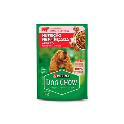 Ração Úmida Dog Chow Nutrição Reforçada para Cães Adultos Sabor Carne em Filetes com Arroz 85 g