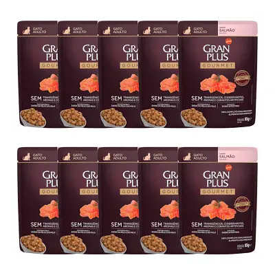 Kit 10 Rações Úmidas Gran Plus Sachê Gatos Gourmet Adultos Salmão 85g