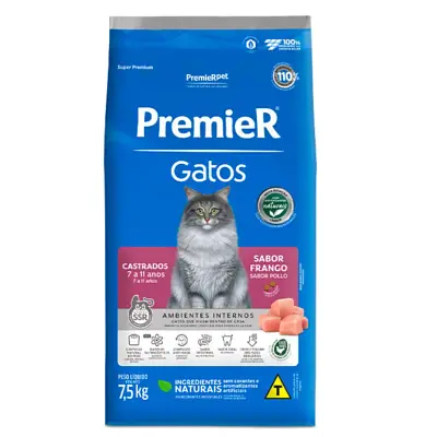 Ração Premier Gatos Castrados 7 a 11 Anos Ambientes Internos Frango 7,5kg