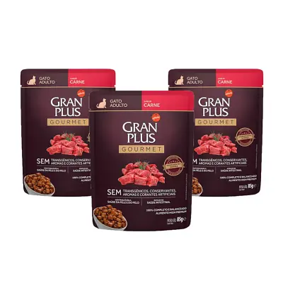 KIT 3 Rações Úmidas Gran Plus Gourmet Gatos Adultos Carne Sachê 85g